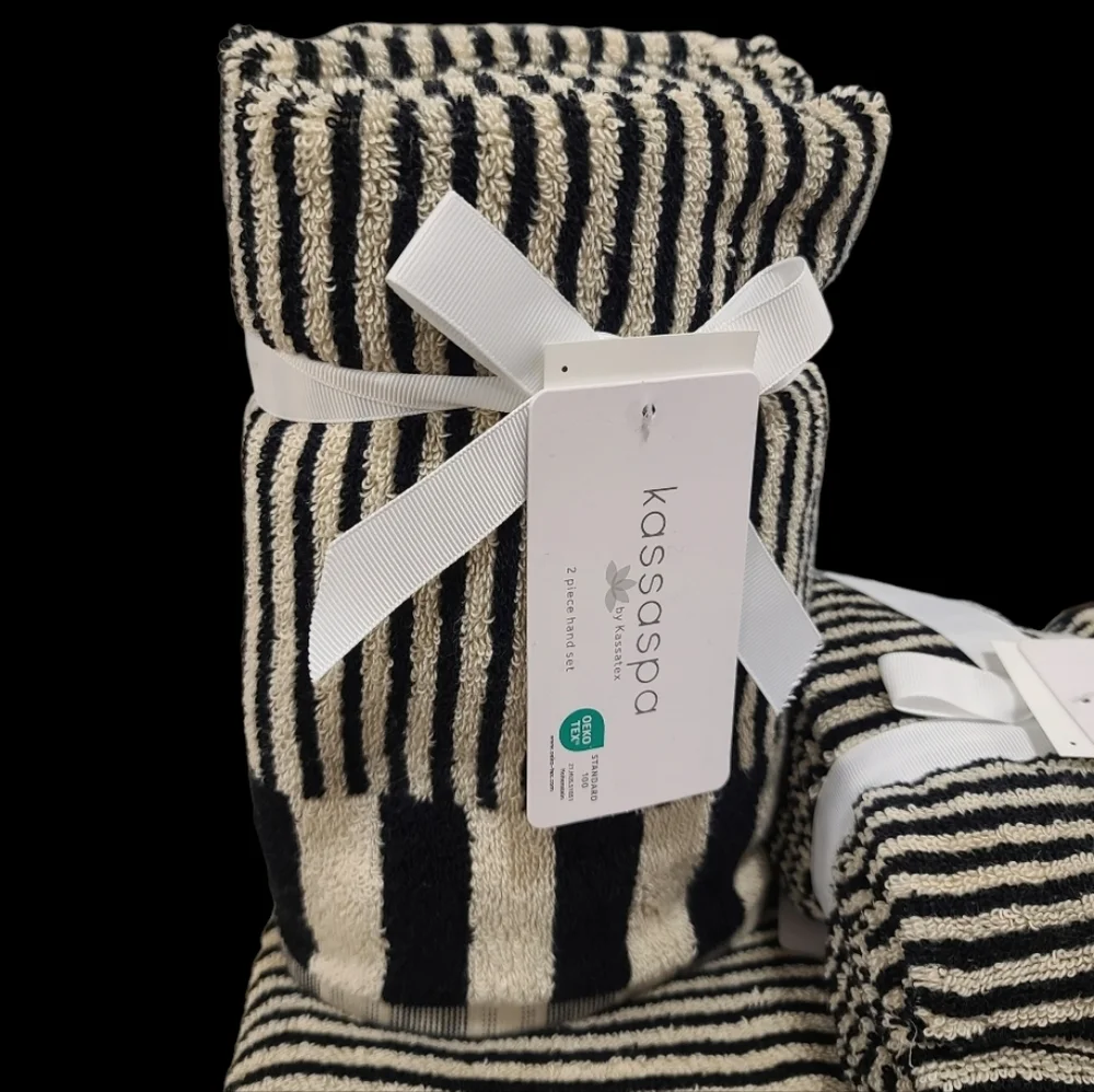 8pc Kassa Spa Tan & Black Stripe Plush Bath Hand Washcloth Towel Set 100% Cotton